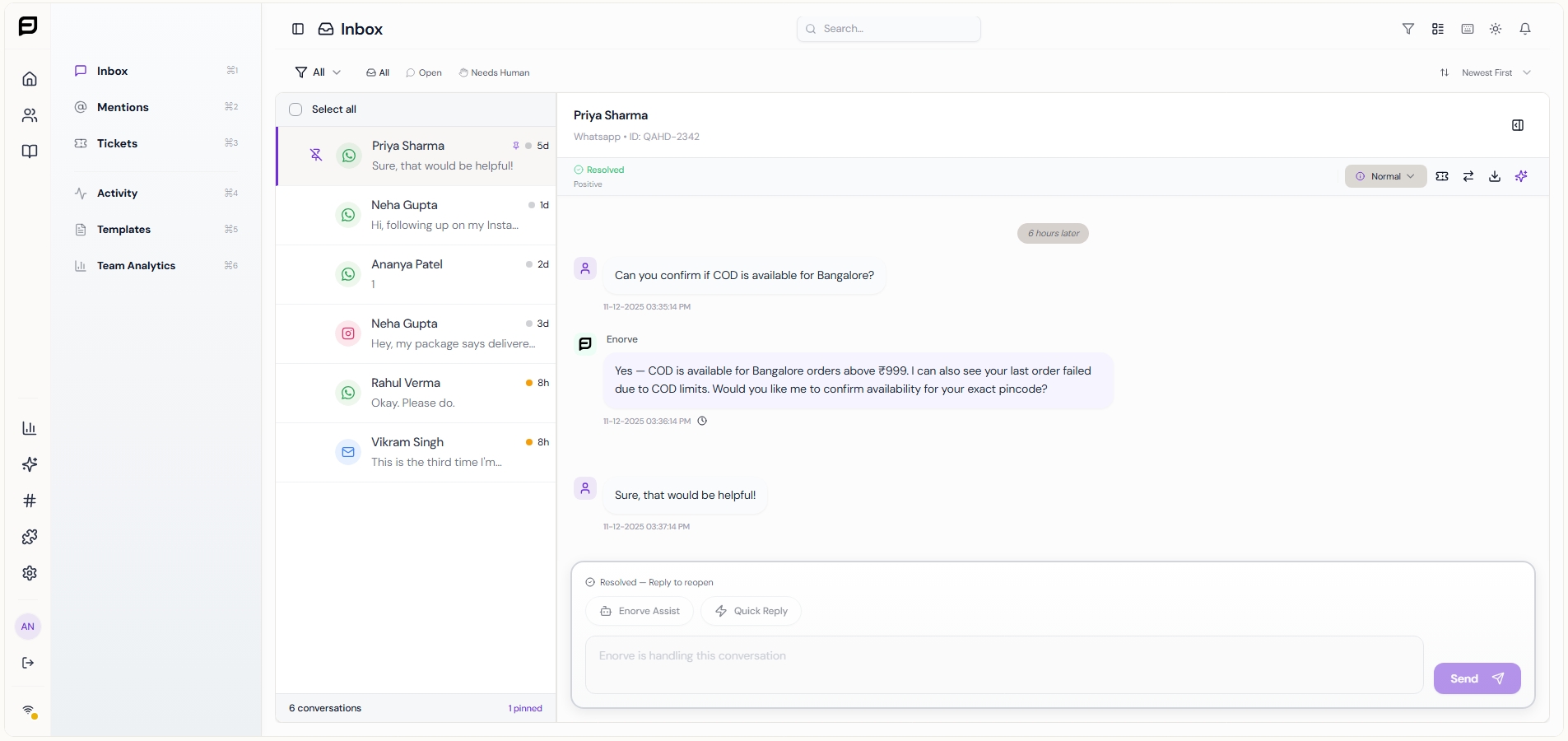 Enorve unified inbox showing WhatsApp and Instagram conversations with AI auto-resolution handling COD availability inquiry